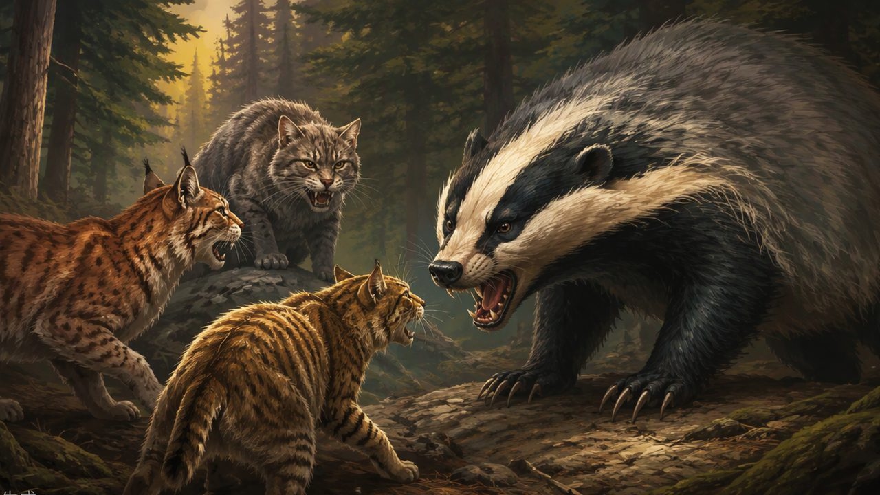 Three cats confront a huge badger in a dark pine clearing