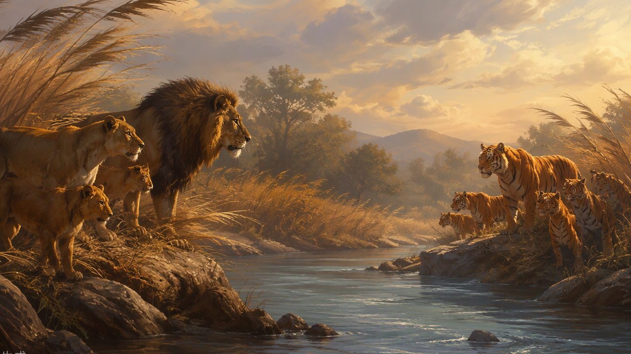 Two groups of clan cats face off across a riverbank