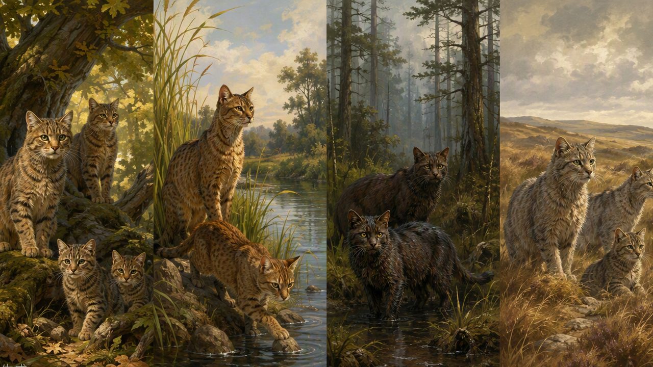 The four Clan territories side by side: forest, river, pine swamp, and open moor