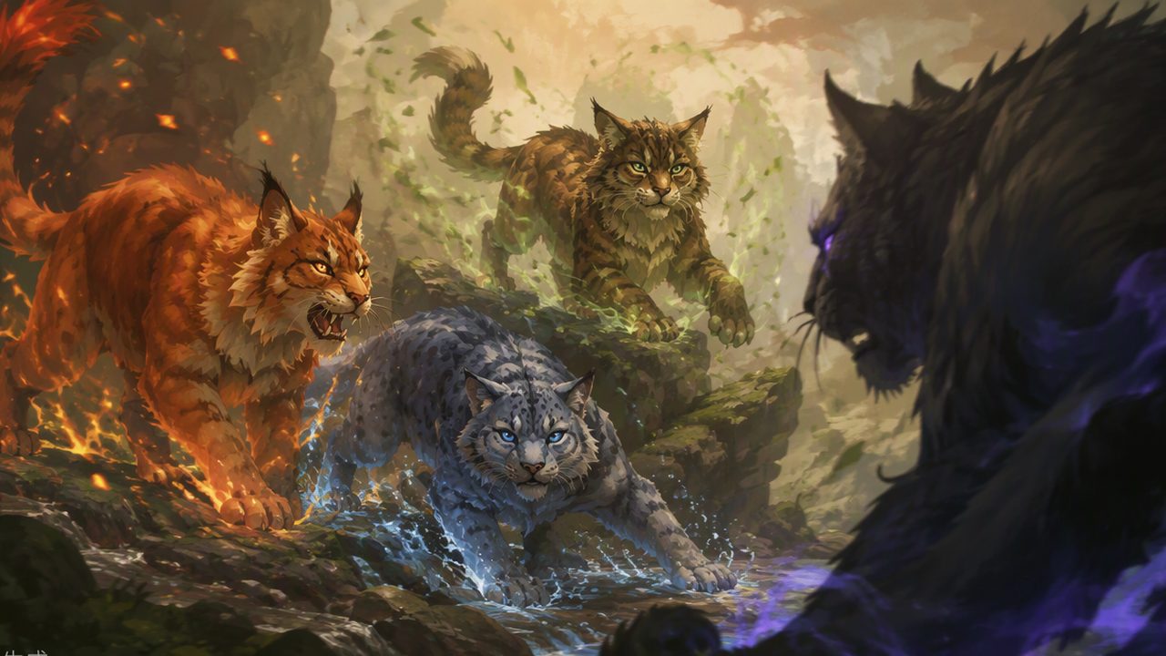 Three cats brace for battle against a looming enemy, elemental energy swirling
