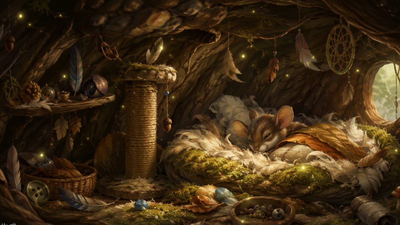 A cozy den interior with moss bedding, a scratching post, and collected trinkets