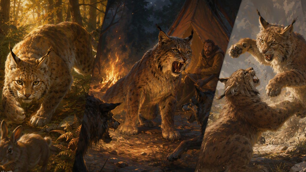 A warrior cat across three scenes: story hunt, camp defense, and skirmish