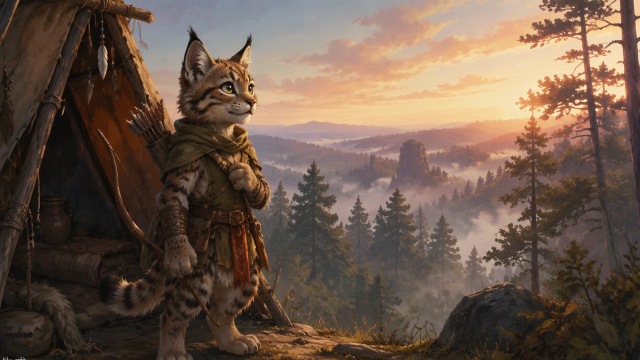 A young warrior cat looks out over the misty forest territories at dawn